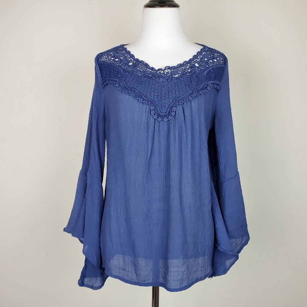 Tantrums Blouse Top Bell Sleeve Lace Blue Boho Indie Festival Spring Summer